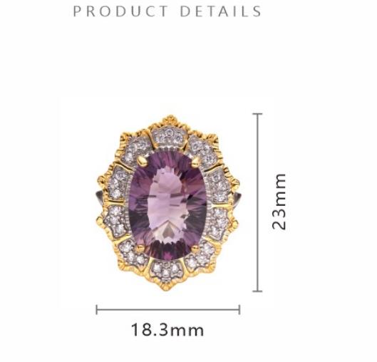S925 Sterling Silver Ring with Large Natural Amethyst and Citrine Gemstones